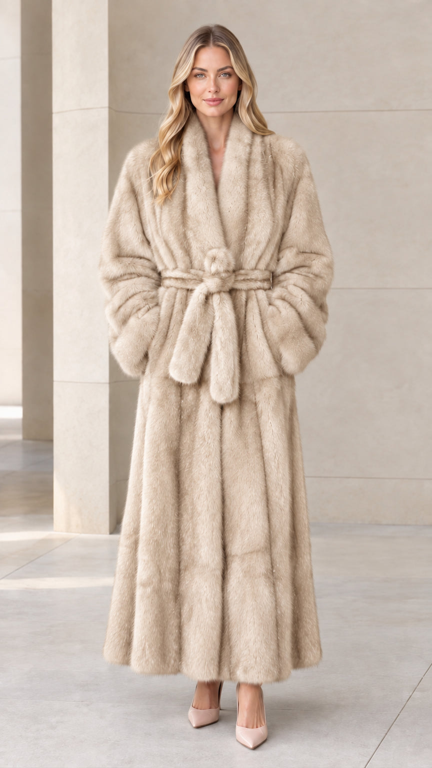 Front view of woman wearing champagne cream long faux fur coat