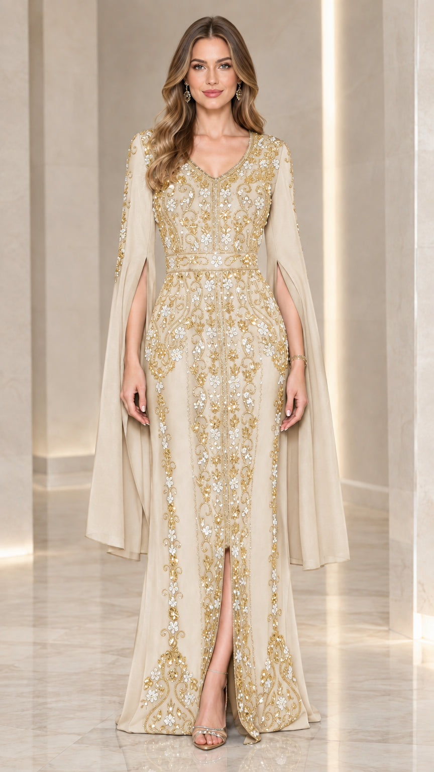 Model wearing champagne gold embroidered cape sleeve evening gown