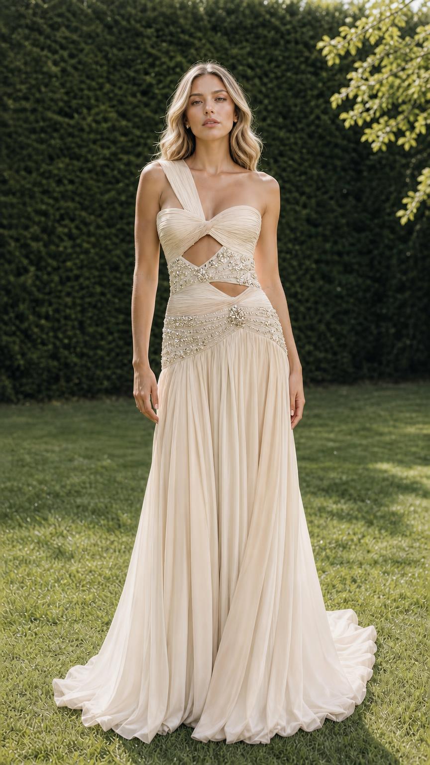 Front view of champagne one-shoulder pleated evening gown