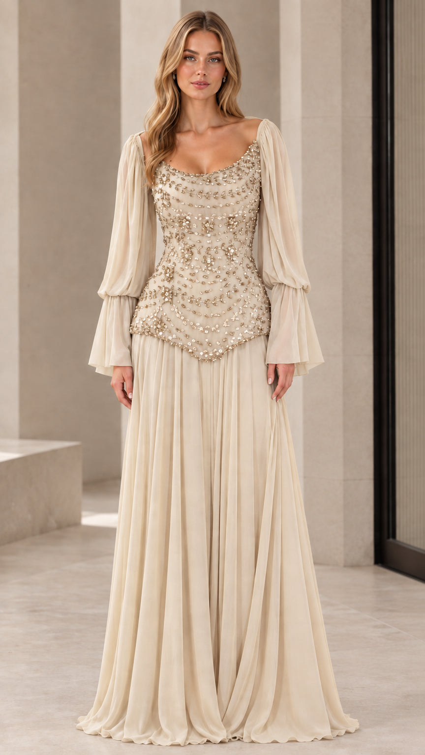 Front view of woman wearing champagne beige embellished chiffon formal gown