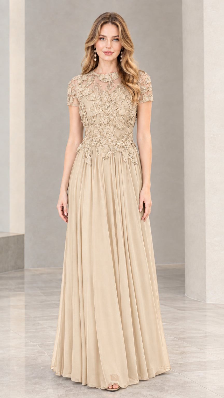 Champagne elegant floral embroidered evening maxi gown
