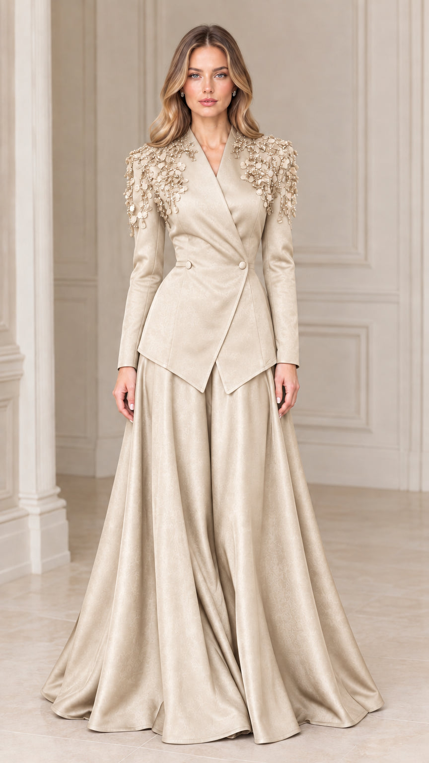Champagne gold two-piece embellished formal blazer and floor-length evening skirt