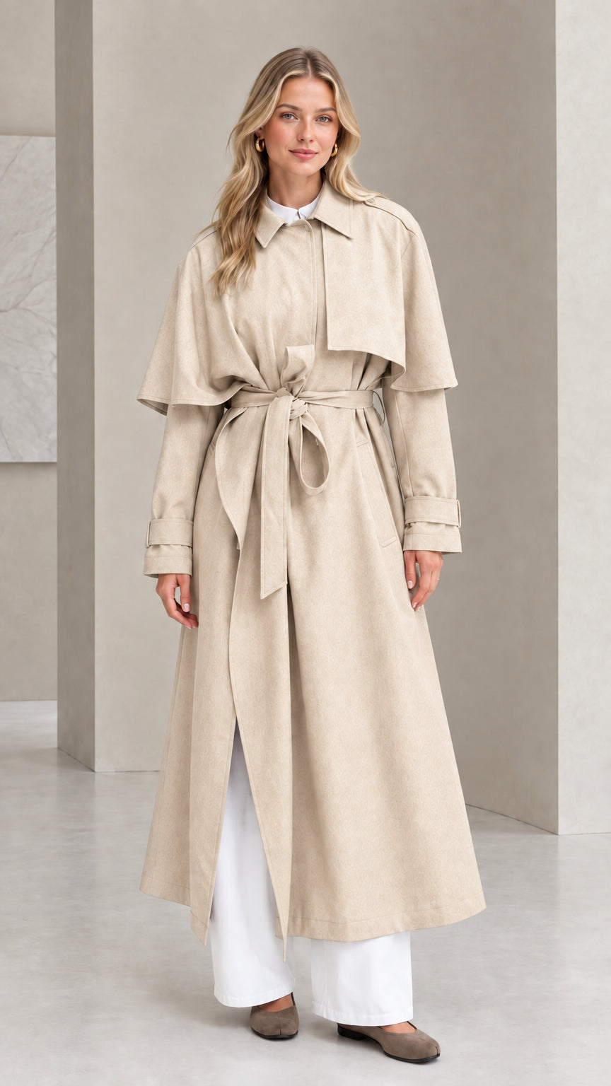 Front view of light beige cream capelet maxi trench coat
