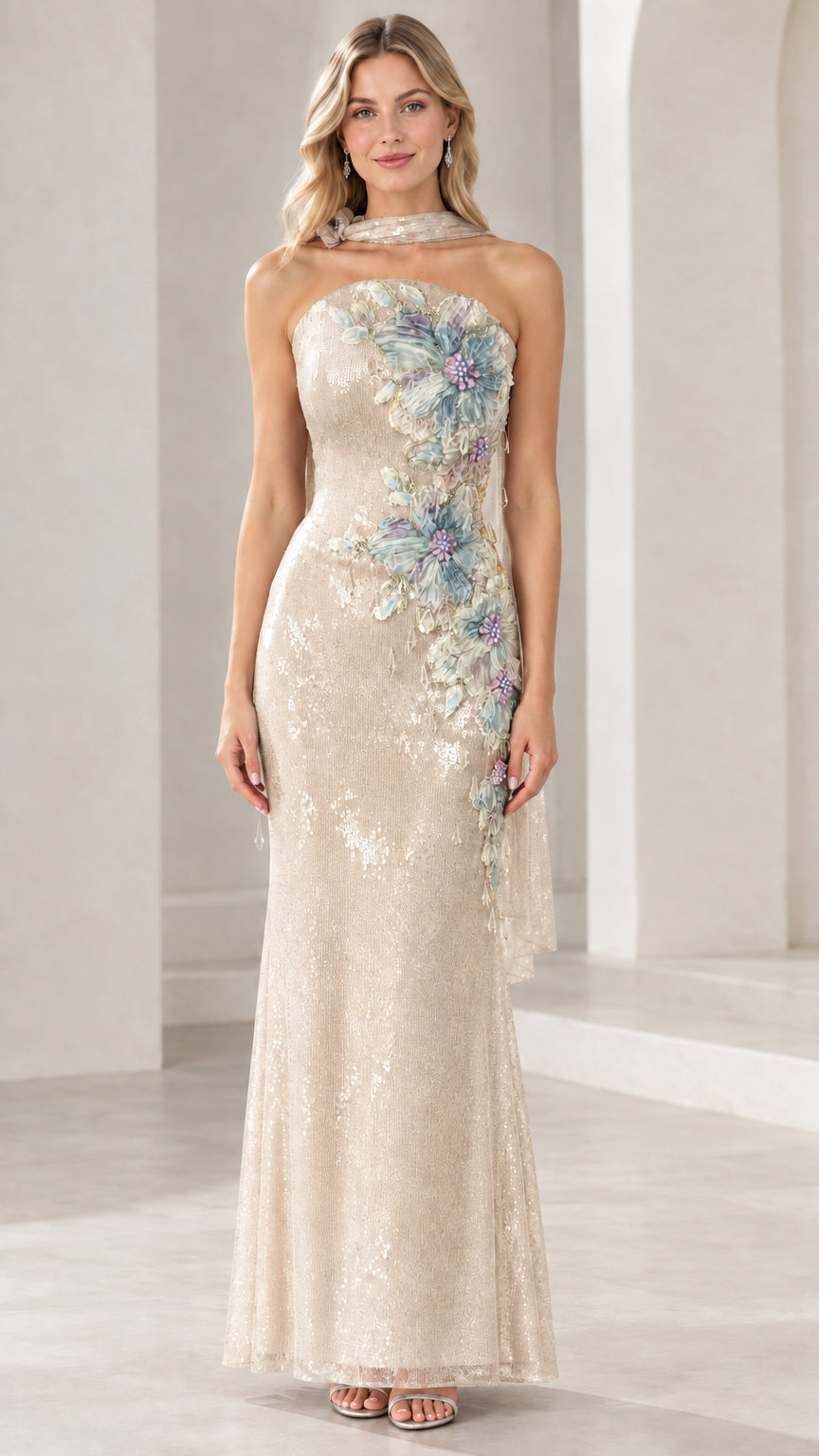 Champagne gold strapless sequin evening dress with floral appliqué and neck scarf