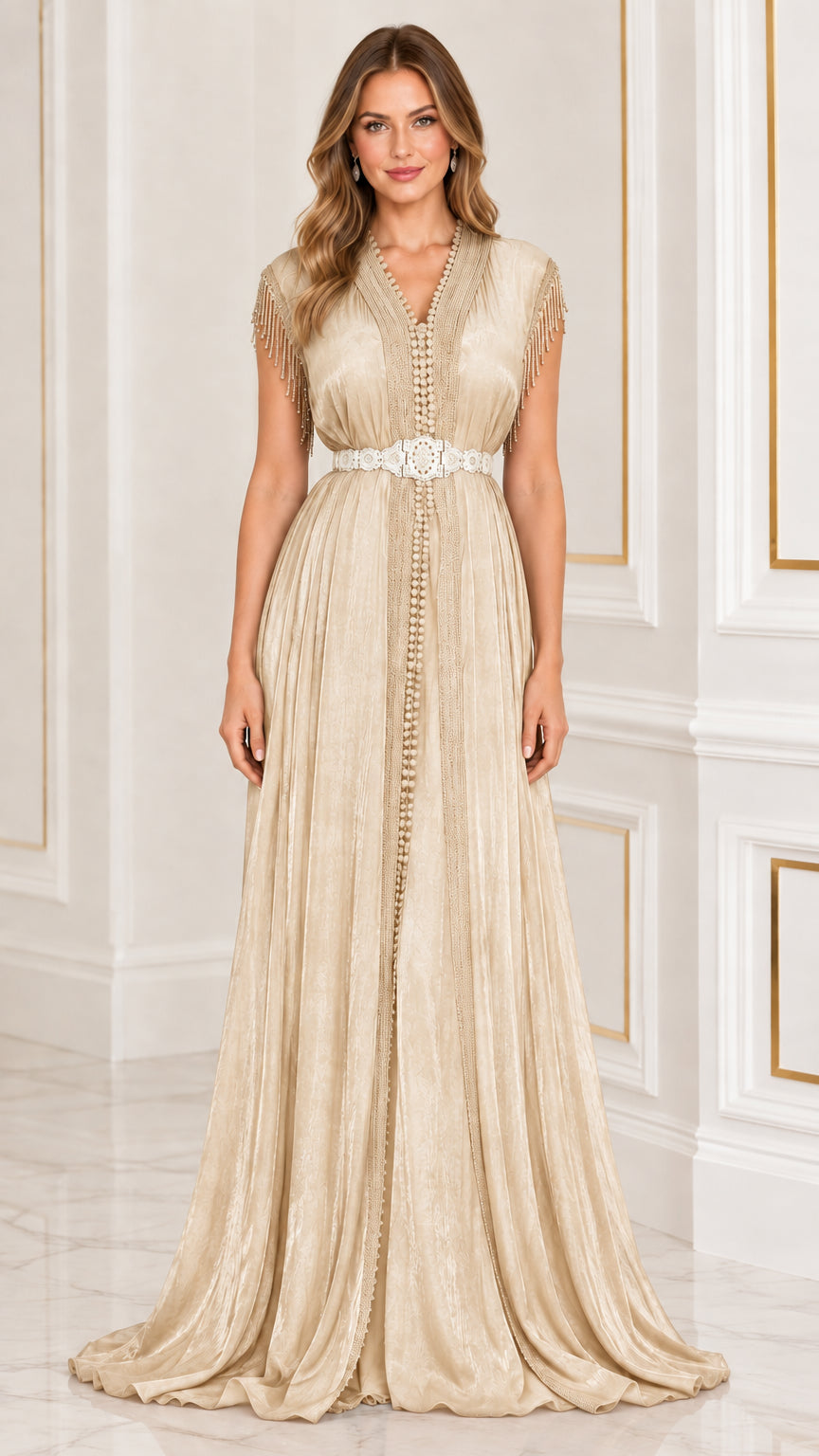 Champagne gold pleated kaftan maxi dress with fringe sleeves