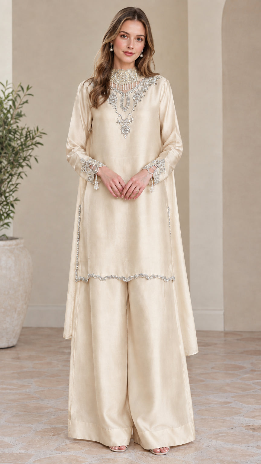 Front view of champagne cream satin embellished tunic and trousers set