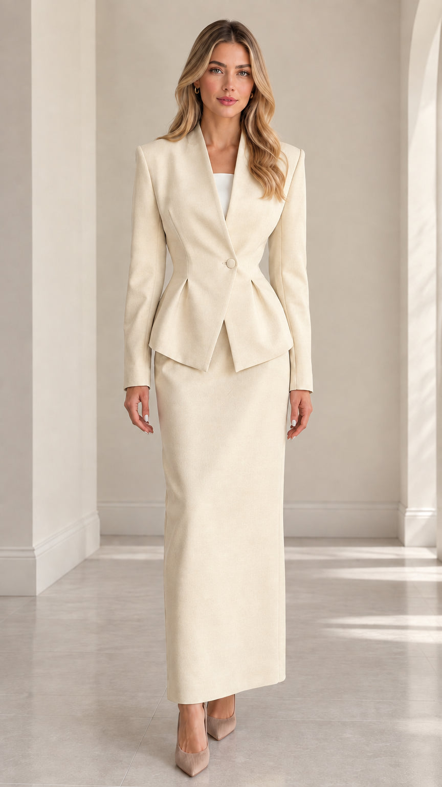 Model wearing cream off-white peplum blazer and matching maxi skirt set