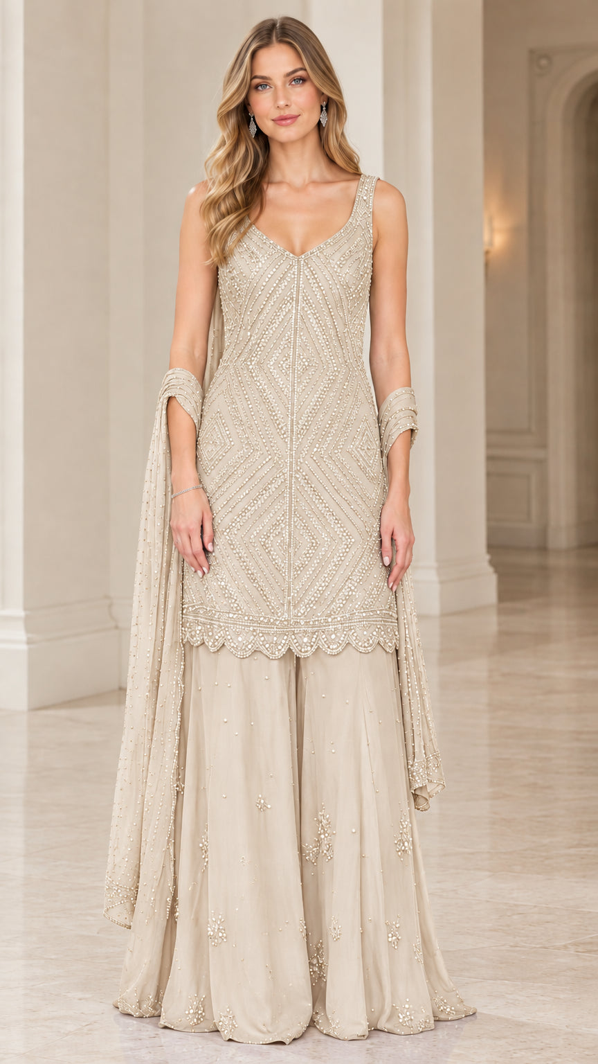 Model wearing Champagne beige embellished sleeveless sharara suit set