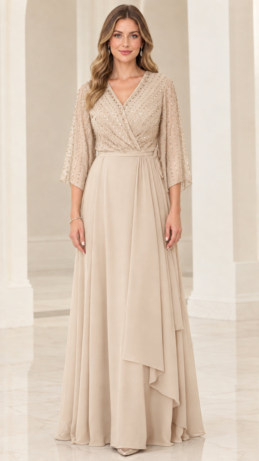 Champagne beaded A-line chiffon formal gown with draped overlay
