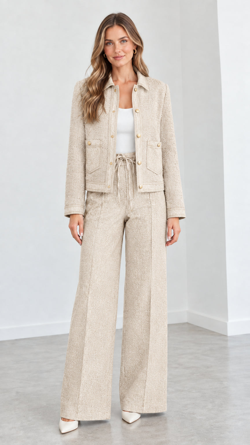 Women's beige oatmeal textured cropped jacket and matching wide leg pants set