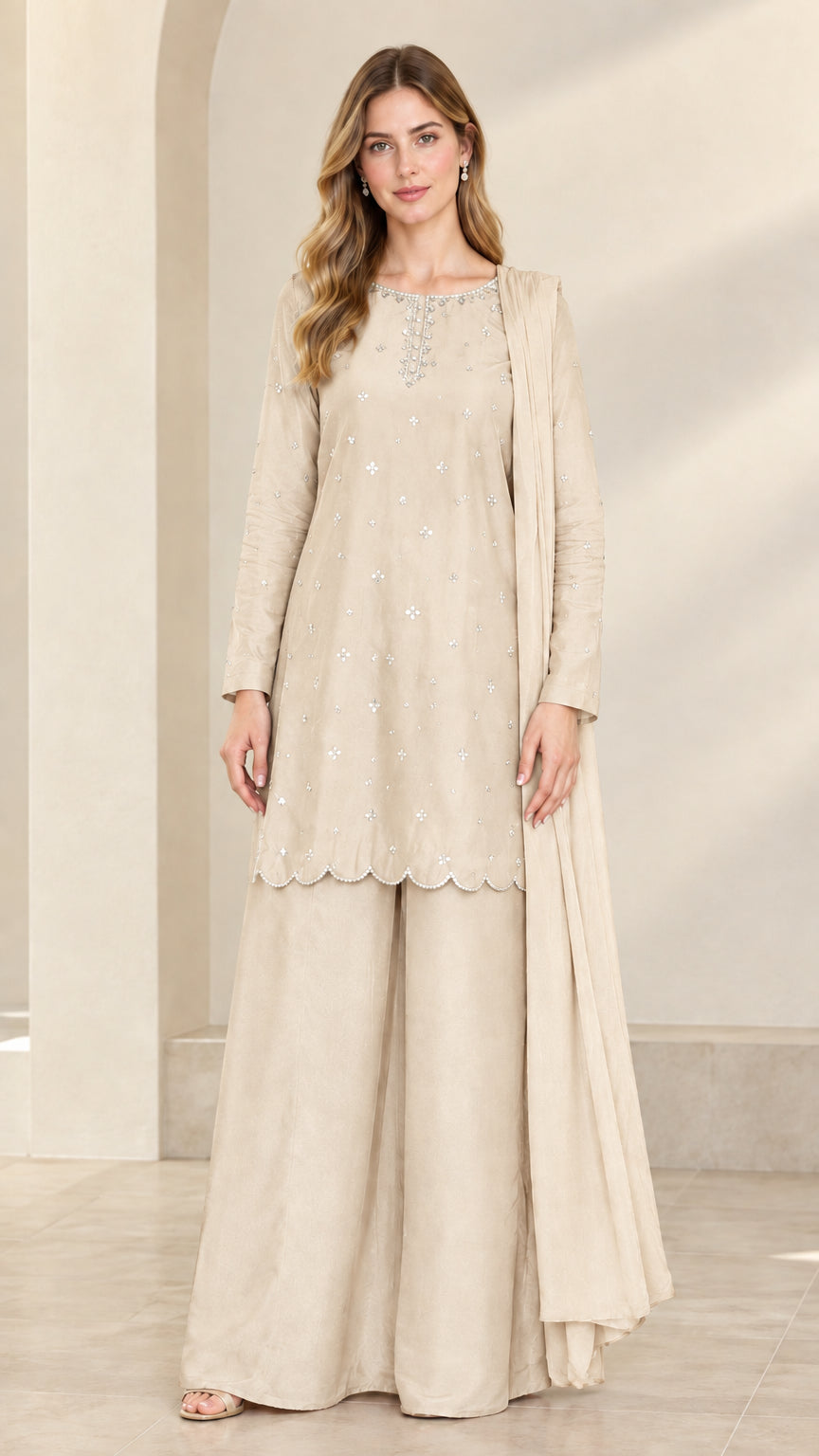 Full-length front view of champagne beige 3-piece embroidered kurta palazzo set