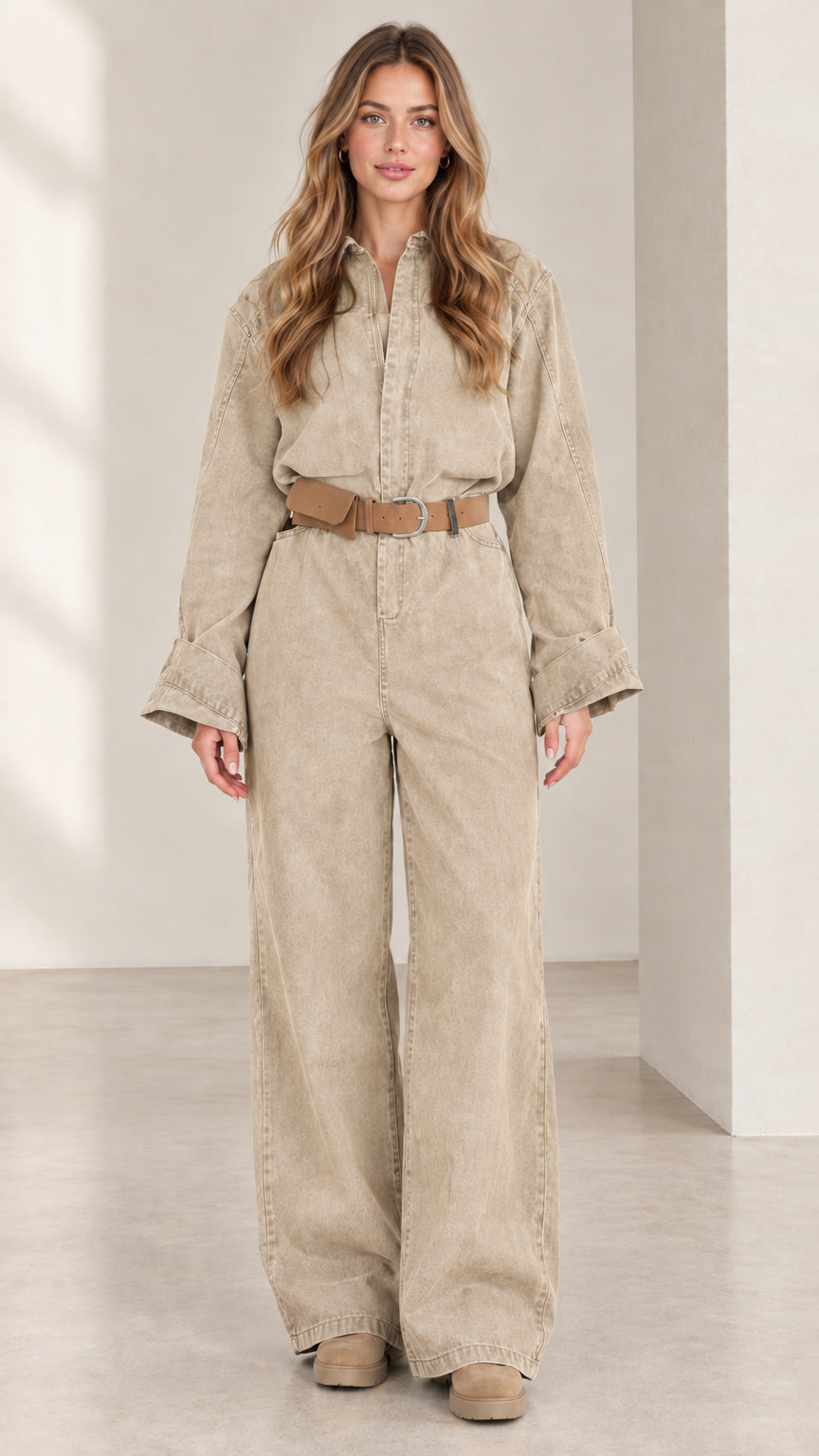 Front view of women's sand beige long sleeve wide leg utility jumpsuit
