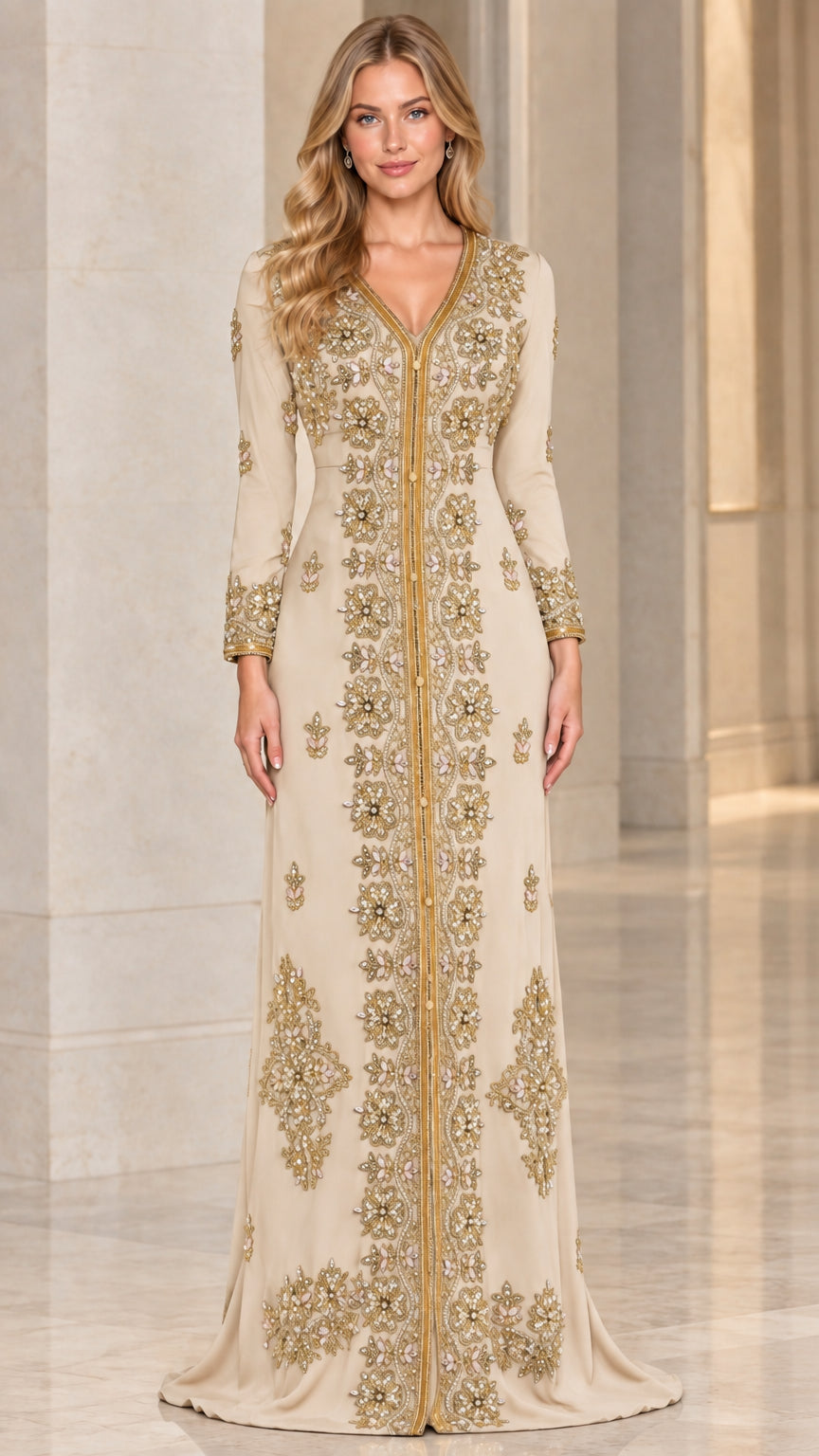 Champagne beige long sleeve embroidered Moroccan kaftan dress