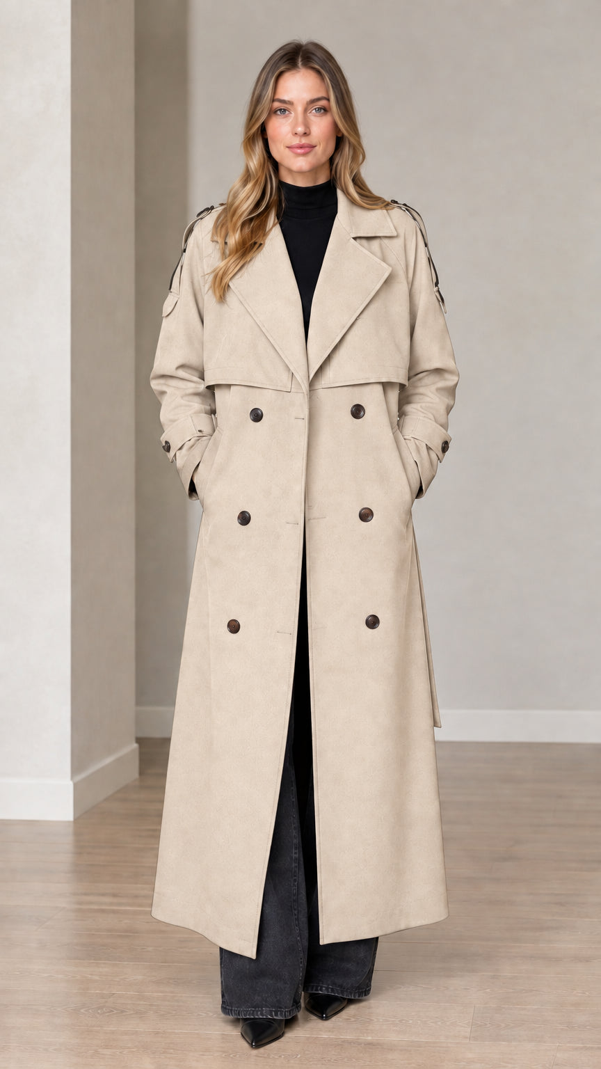 Front view of woman wearing beige double-breasted long trench coat
