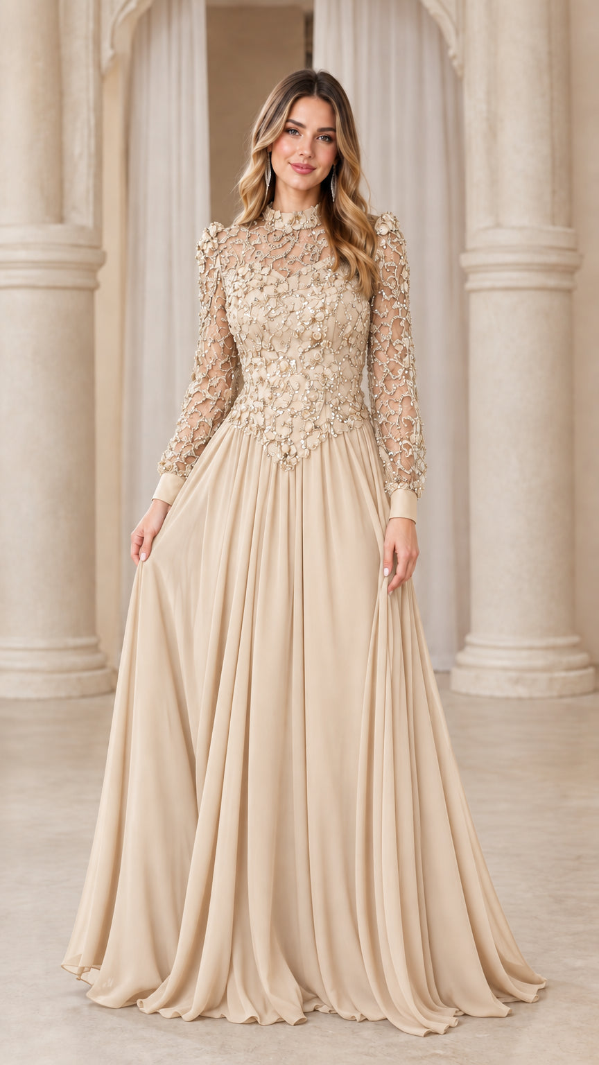 Front full view of woman wearing champagne beige long sleeve beaded lace evening gown