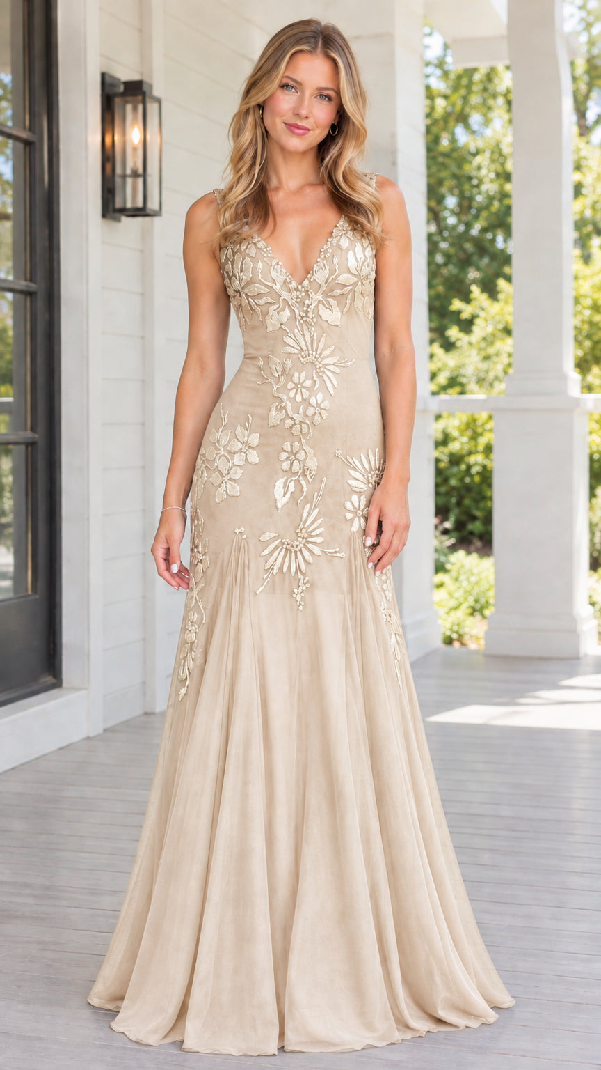 Champagne beige floral embroidered floor-length maxi dress