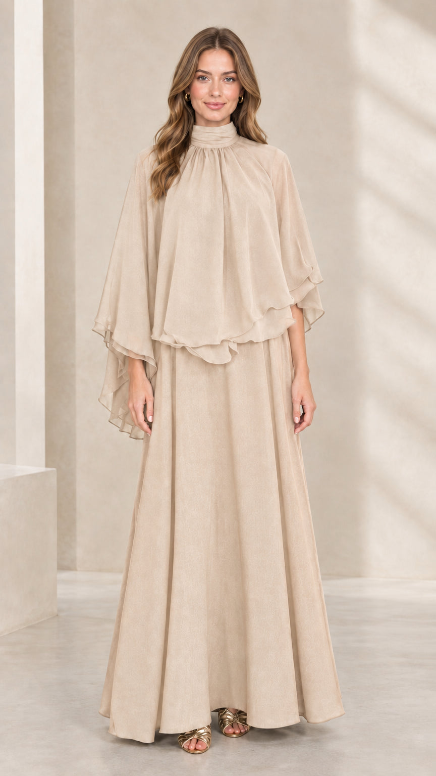 Front view of woman wearing champagne beige mock neck capelet maxi dress