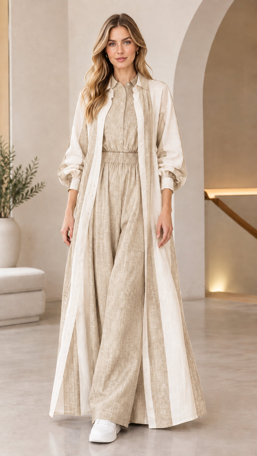 Full front view of beige oatmeal collared jumpsuit and striped maxi duster set