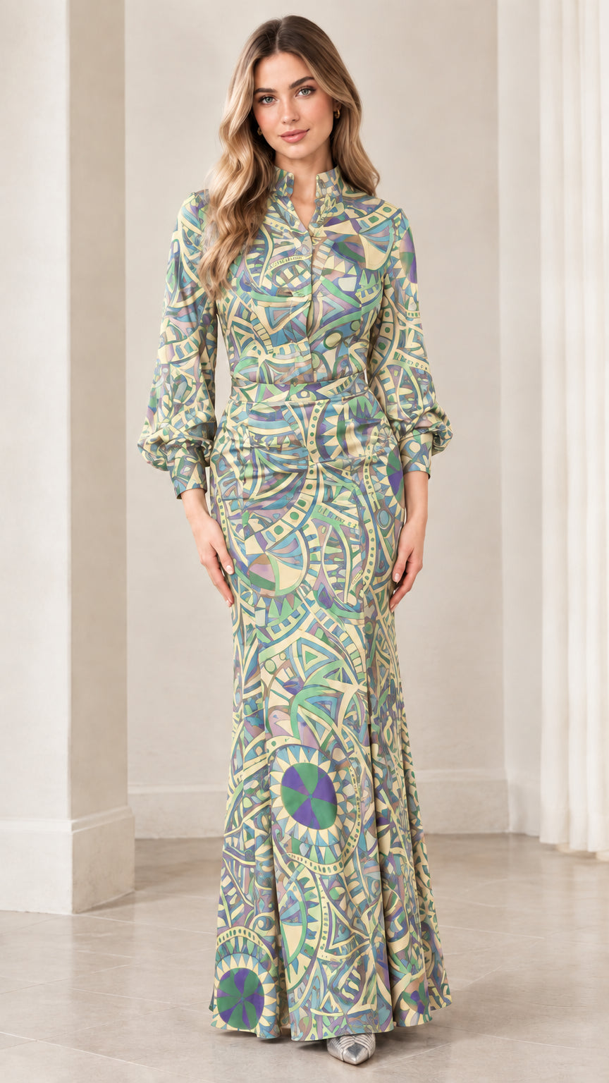Model wearing soft yellow geometric print floor-length mermaid dress