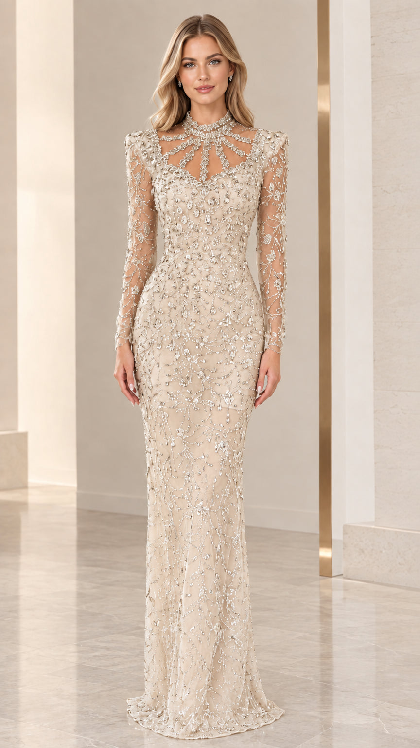 Front view of champagne gold embellished illusion neck evening gown