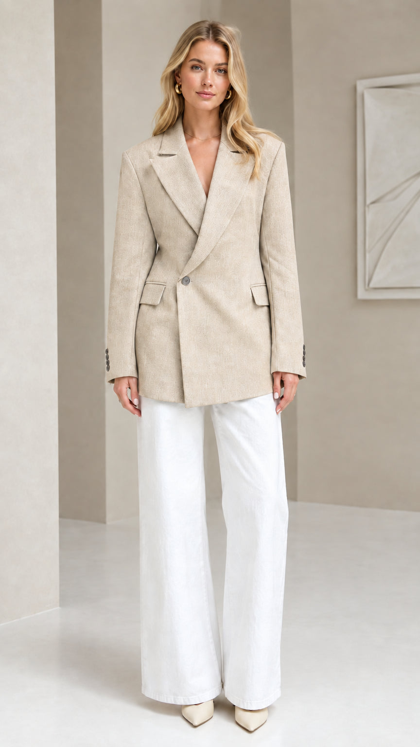 Beige cream women's wrap tailored blazer with single-button closure