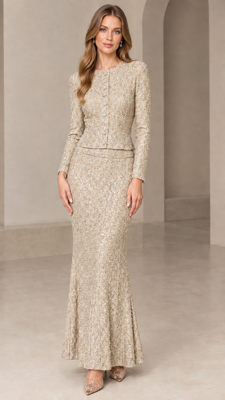 Front view of model wearing Champagne gold sequin two-piece formal evening dress set