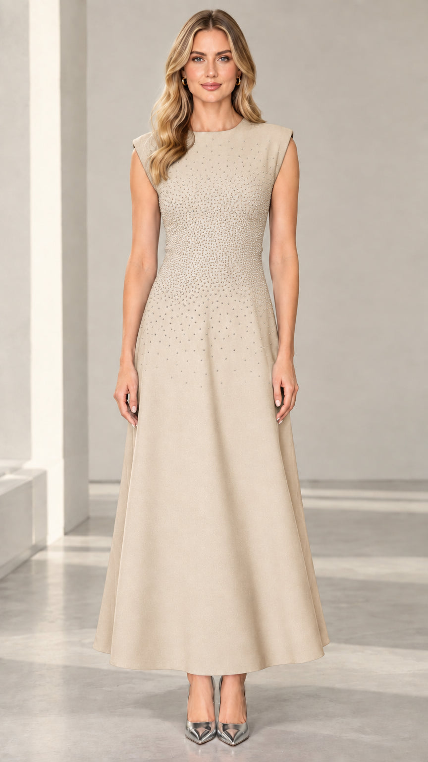 Champagne beige sparkling rhinestone cap sleeve maxi dress
