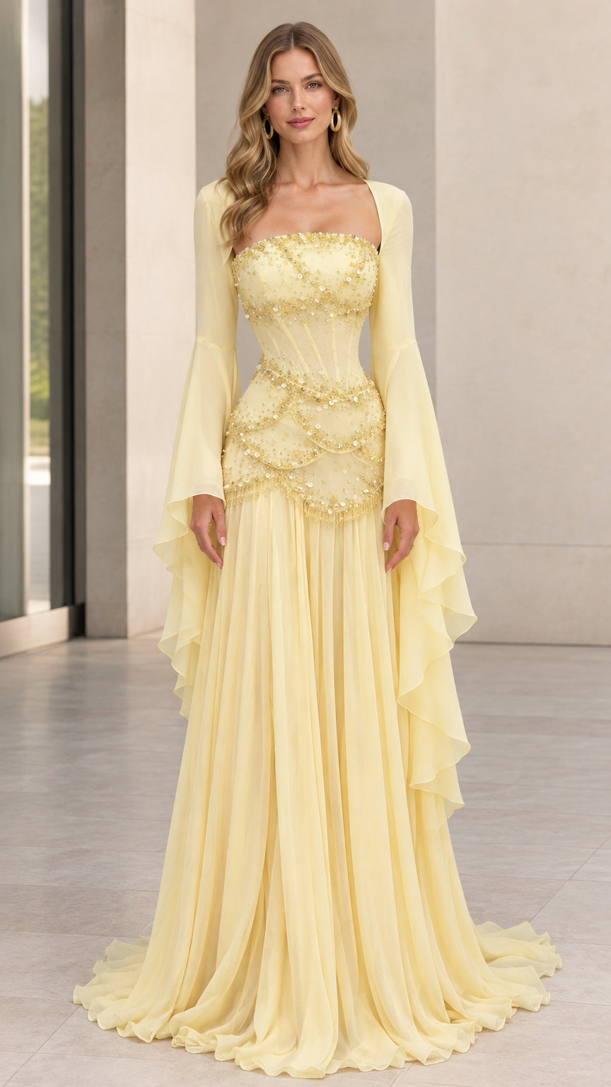 Front view of pastel yellow square neck beaded corset evening gown with dramatic bell sleeves