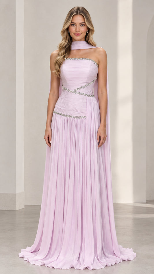 Front view of lavender strapless pleated chiffon evening gown with rhinestone trim and neck scarf
