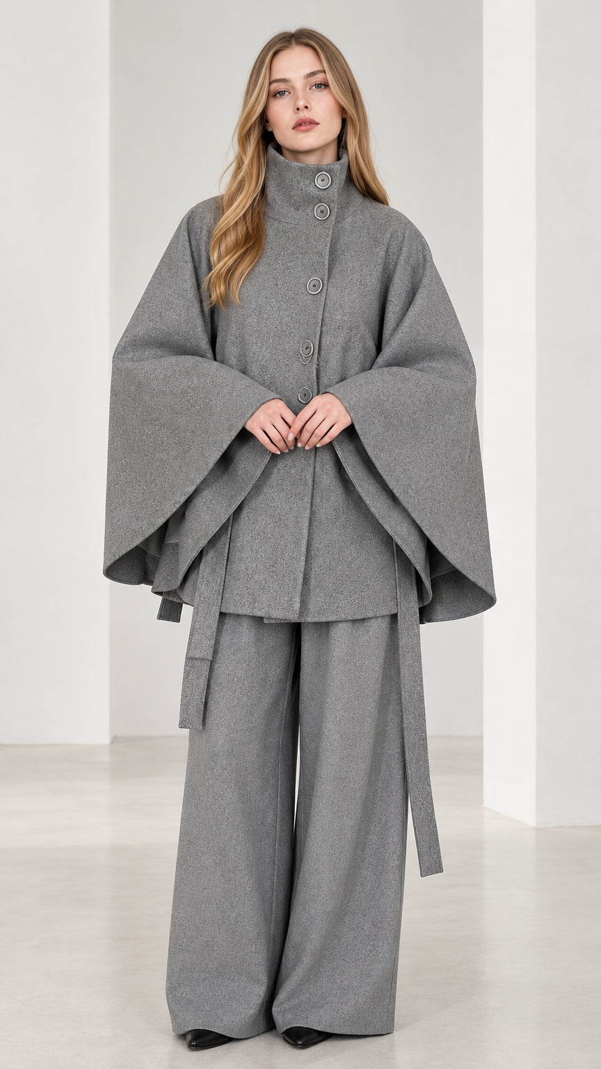 Full front view of women's grey high neck belted cape coat with matching wide-leg trousers