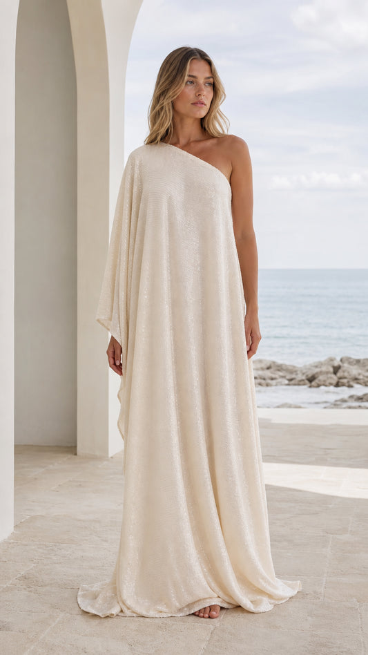 Front view of woman wearing champagne one-shoulder draped maxi kaftan dress