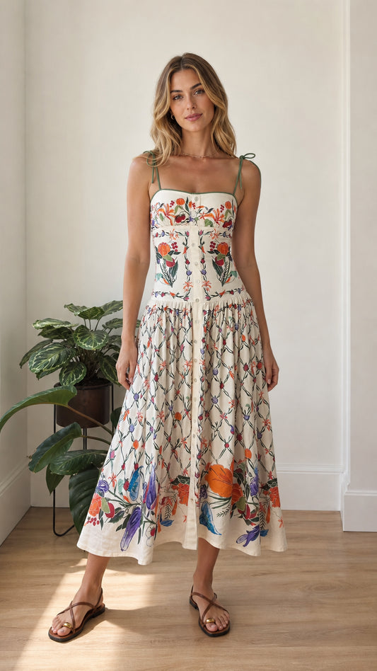 Front view of model wearing ivory botanical print corset midi dress with tie shoulder straps
