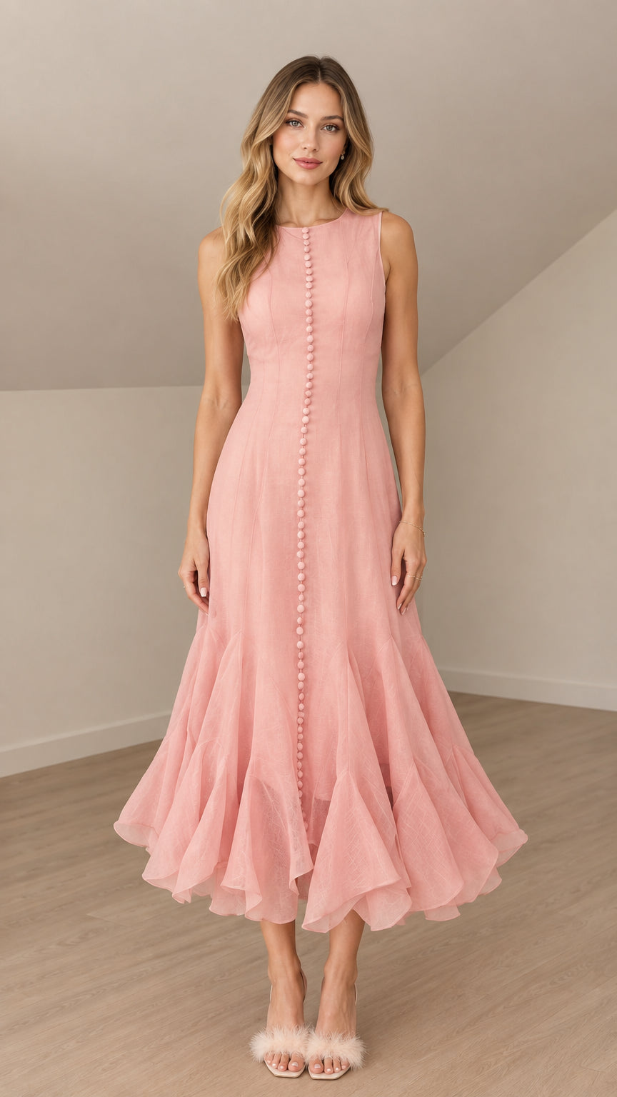 Front view of model wearing dusty pink sleeveless button-front mermaid midi dress