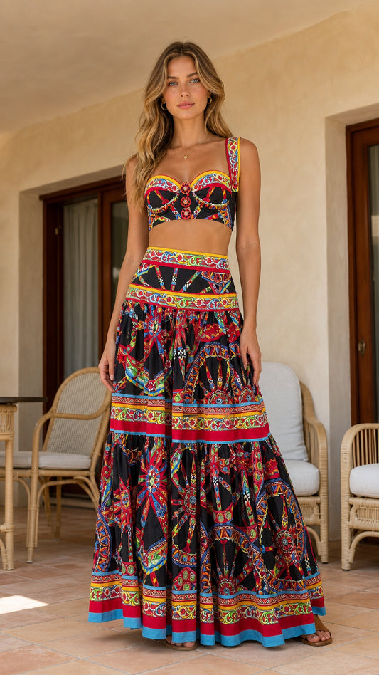 Front view of model wearing black boho printed crop top and maxi skirt set