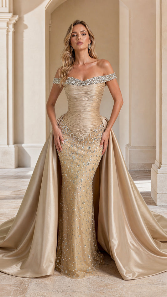 Front view of model wearing Champagne off-the-shoulder beaded evening gown with overskirt