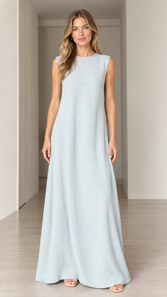 Front view of woman wearing Light Blue sleeveless crewneck A-line maxi dress