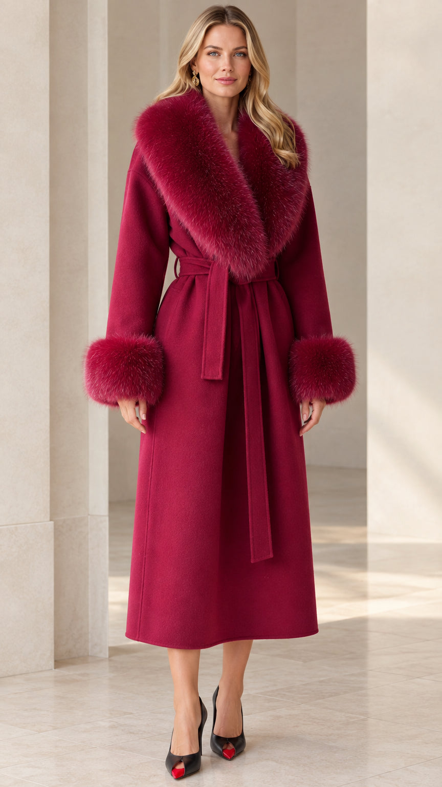 Full front view of model wearing long wine red wrap coat with plush collar and cuffs
