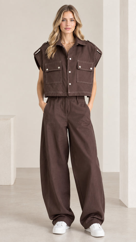 Front view of woman wearing chocolate brown utility cropped shirt and wide-leg pants set