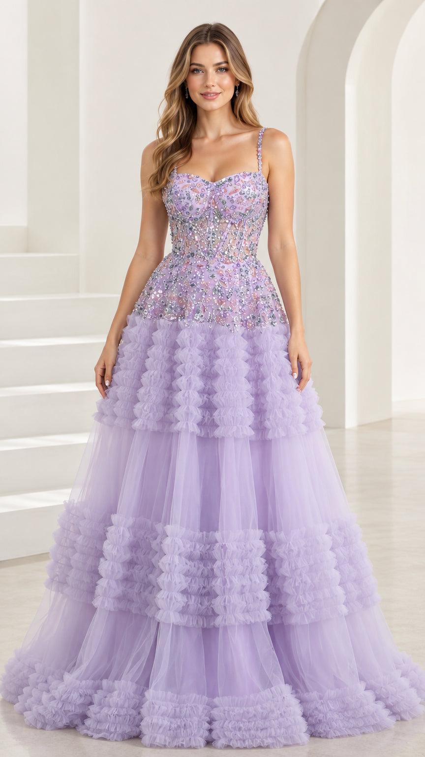 Front view of Lilac embellished corset tiered tulle ball gown