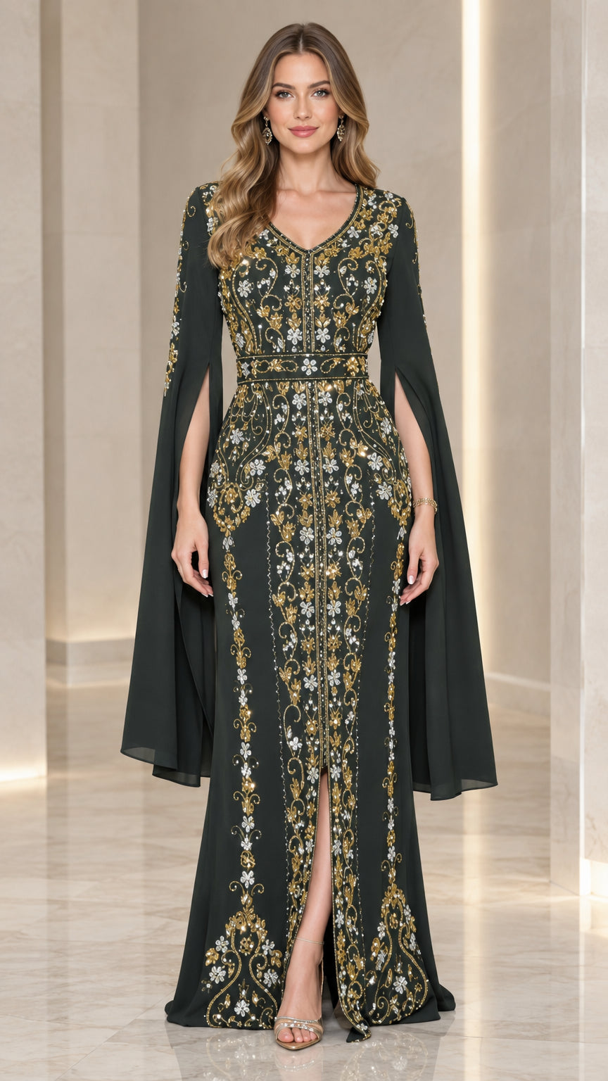 Front view of model wearing dark green embroidered cape sleeve evening gown