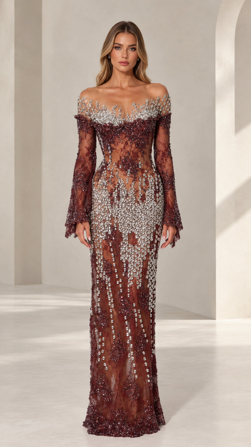 Burgundy crystal-embellished off-the-shoulder lace evening gown full front view