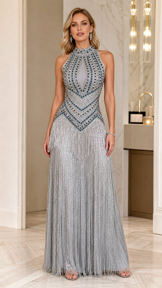Silver rhinestone beaded halter maxi gown with flowing fringe skirt front view