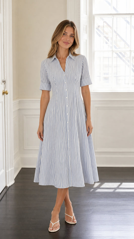 Front view of model wearing blue striped midi shirt dress