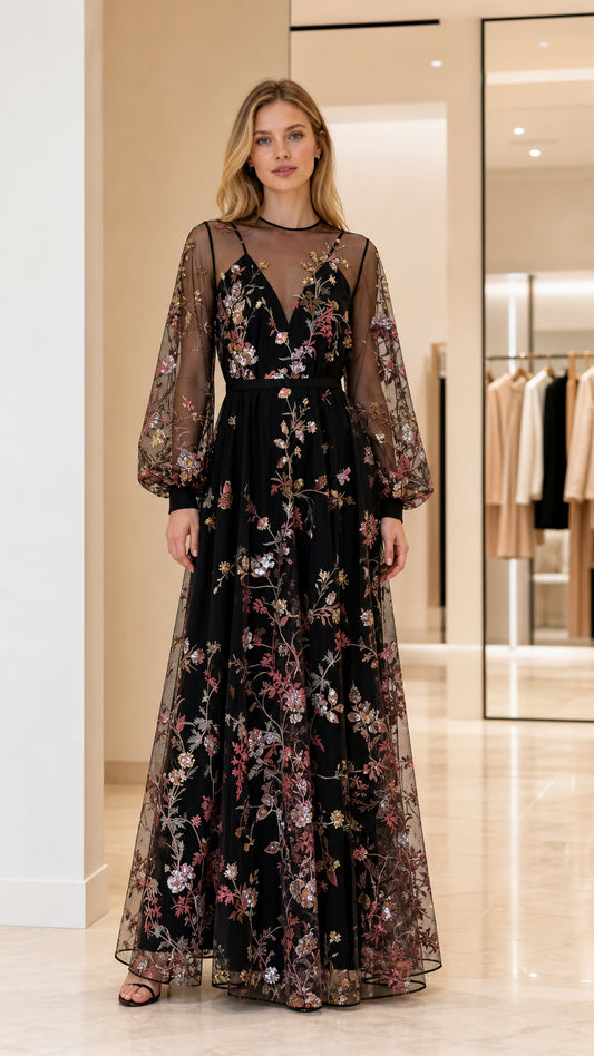 Front view of woman wearing black floral embroidered long sleeve maxi dress