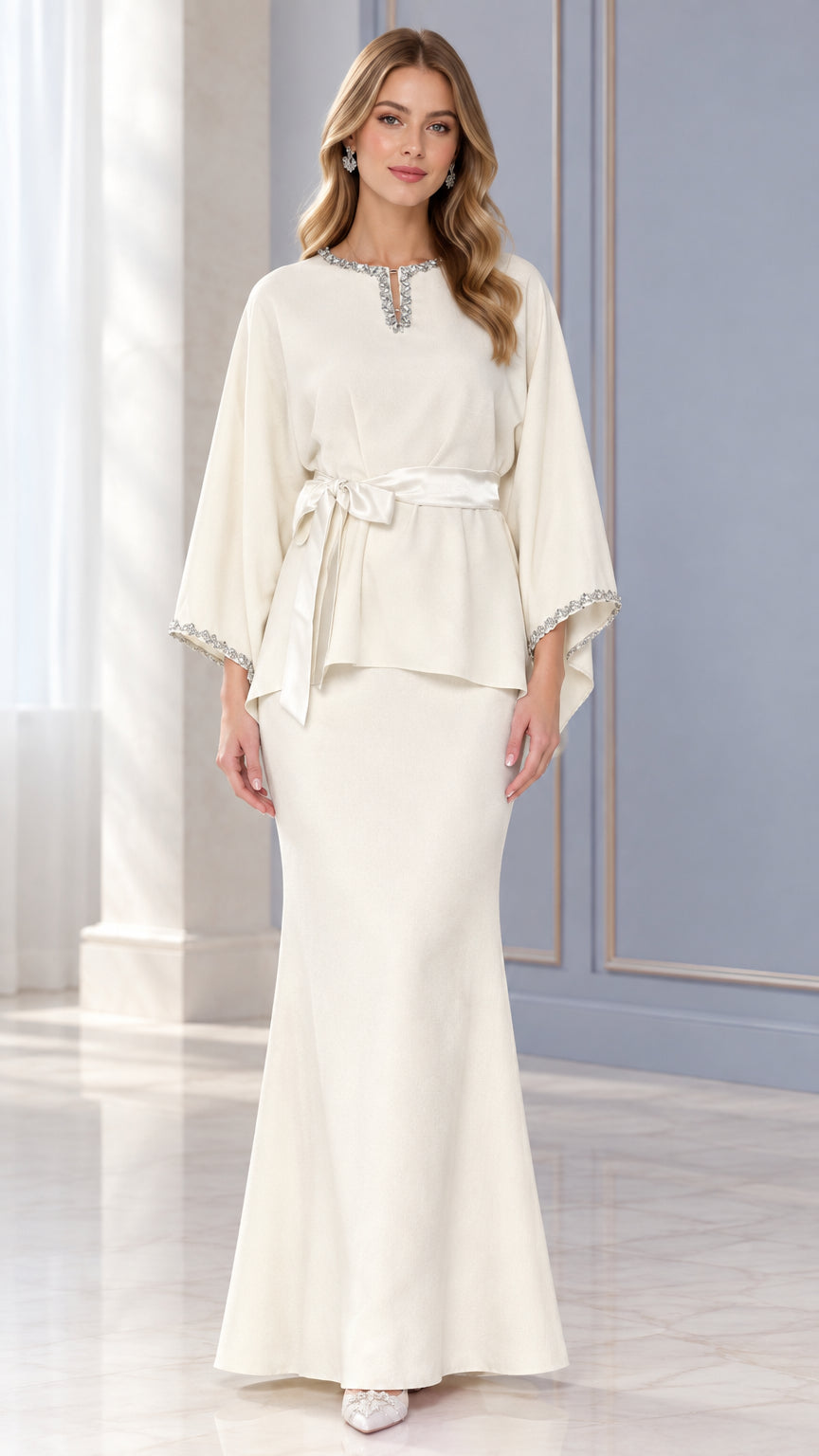 Front full-length view of Ivory rhinestone embellished wide sleeve top and maxi skirt set