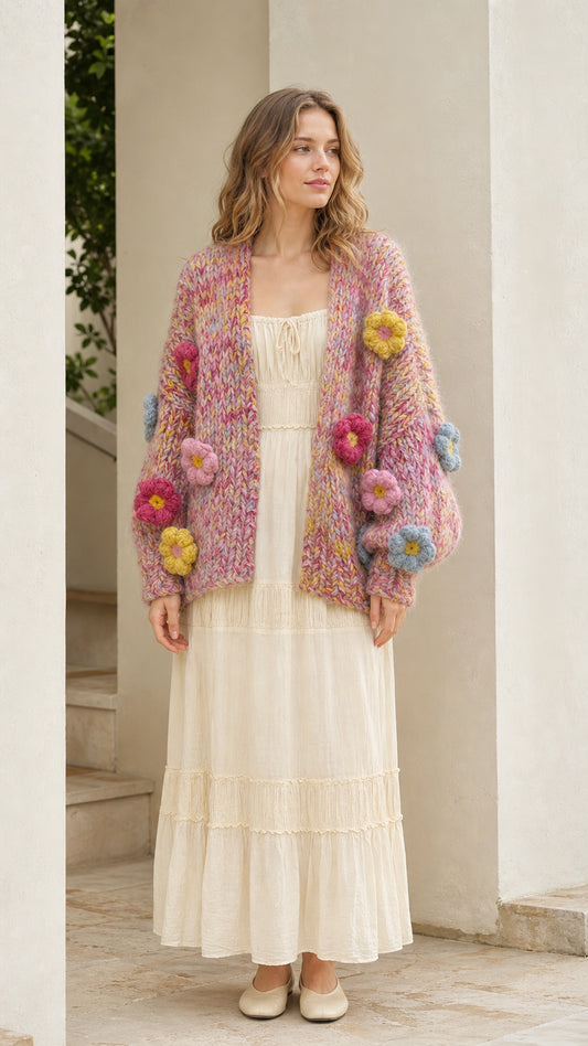 Model wearing pink chunky knit floral cardigan from the front