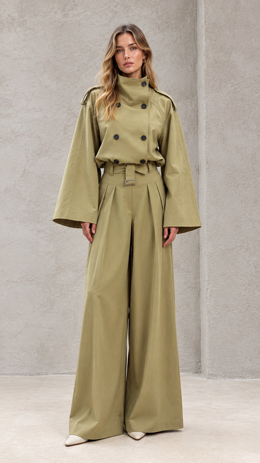 Front full-length view of model wearing sage green double-breasted wide-leg trench jumpsuit