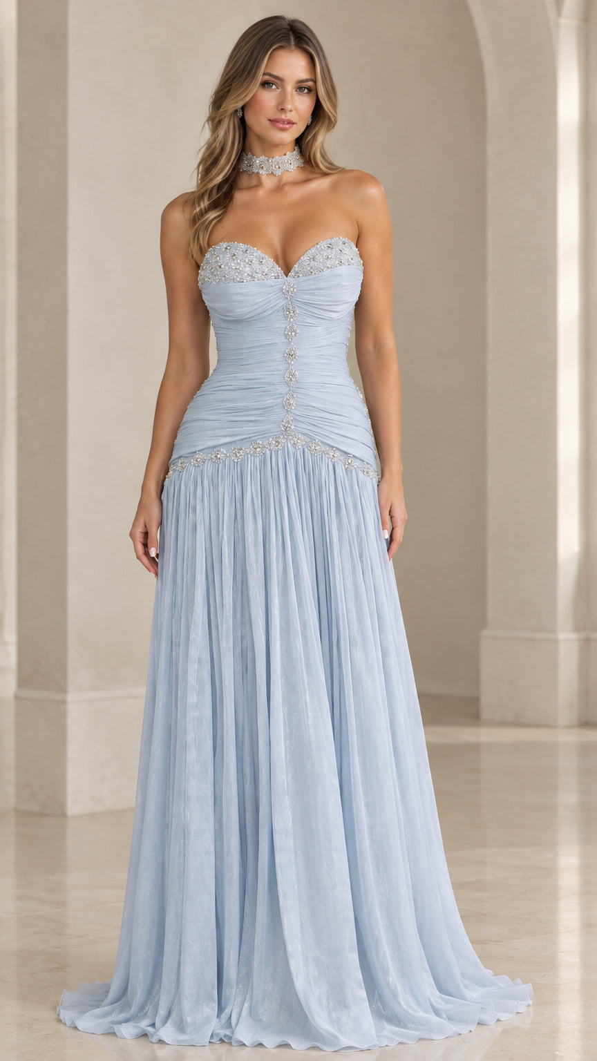 Front full view of light blue strapless ruched evening gown with rhinestone trim