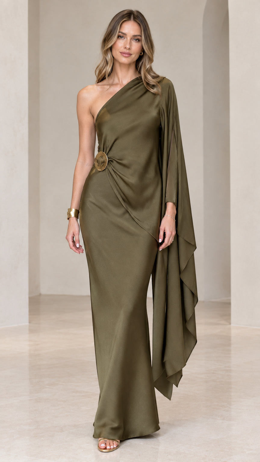 Olive green one-shoulder draped satin maxi dress with side cape sleeve and gold medallion buckle