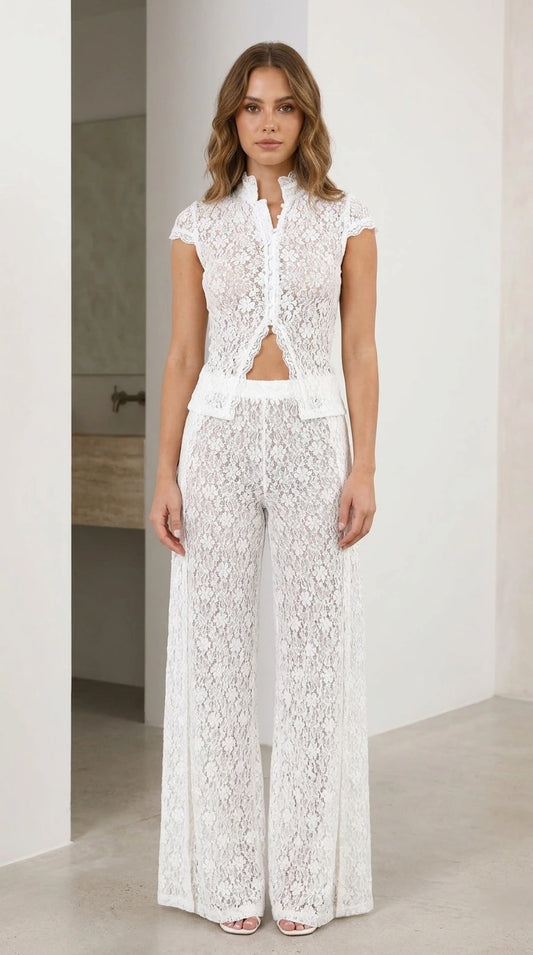 Full front view of white lace matching set